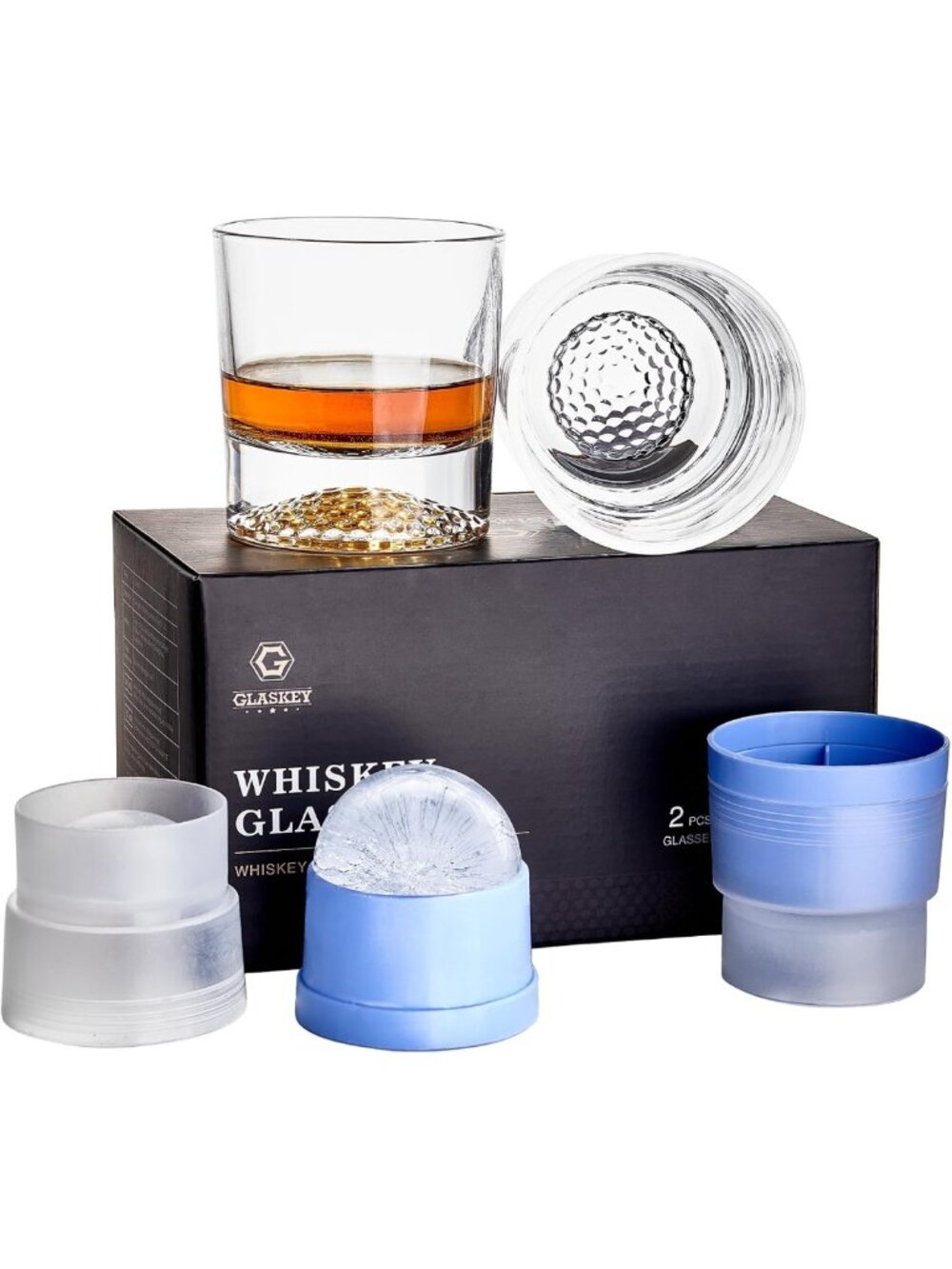 Golf Whiskey Glasses Set of 2 | Heavy Weighted Tumblers with Ice Ball Moulds